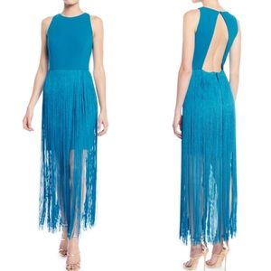 Aidan Mattox Dress Peacock Sheath Fringe Hem sleeveless open back